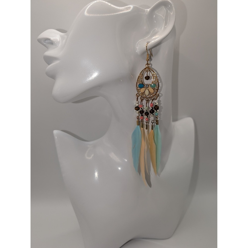 Boho Feather Chandelier Earrings Beaded Pierced Multi Color 5.5" NEW (Pair #1)